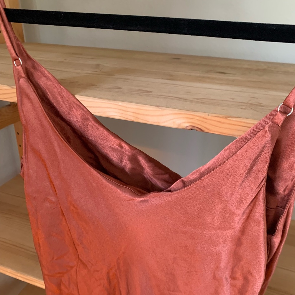 Terracotta bias cut, drape-neck slip dress. Size medium.